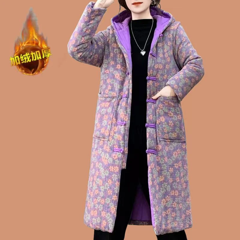 双层纱棉衣女冬季2024新款新中式盘扣棉服复古连帽中长款加棉棉袄