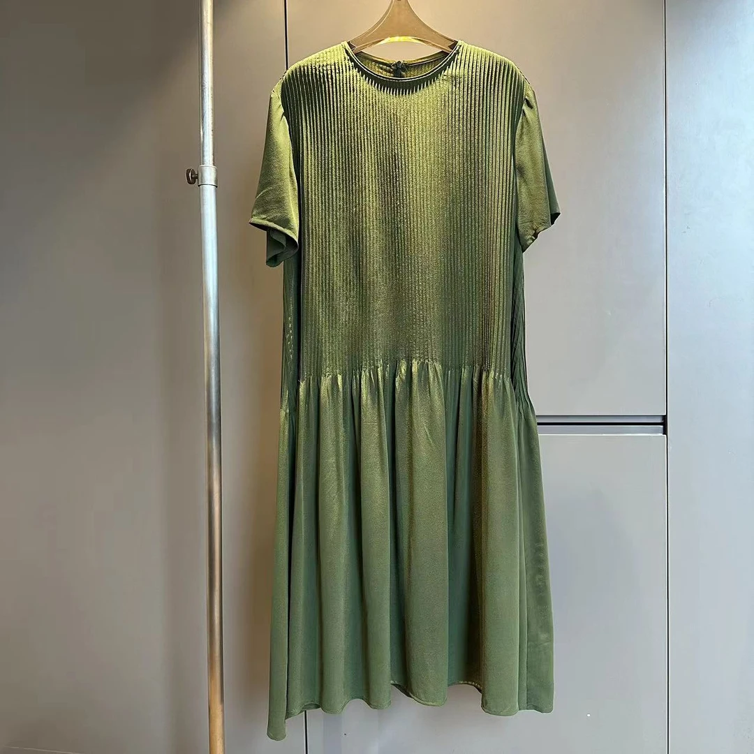 上身压褶高端重磅100%桑蚕丝连衣裙宽松连衣裙女显瘦气质绿色夏季
