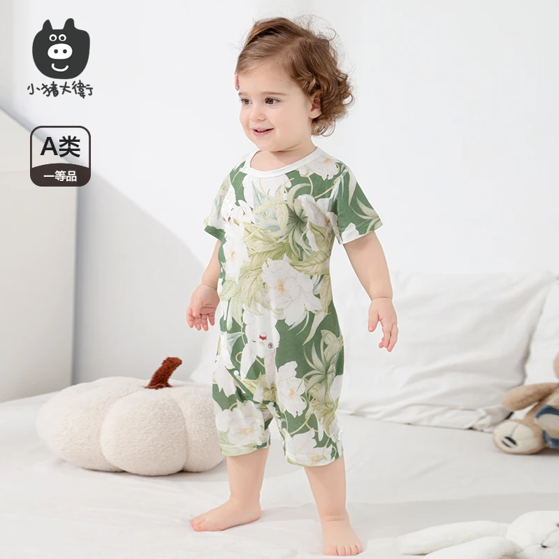 小猪大卫汗布偏开短袖连体满印婴幼儿宝宝薄款哈衣空调房爬服纯棉