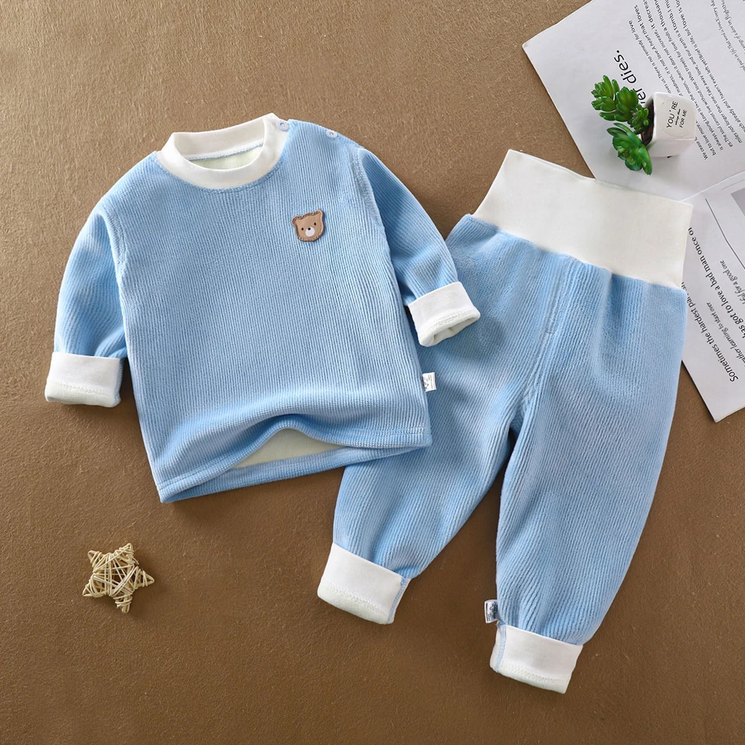儿童保暖加绒套装男童高腰女宝秋冬季家居服分体加厚婴儿新款睡衣