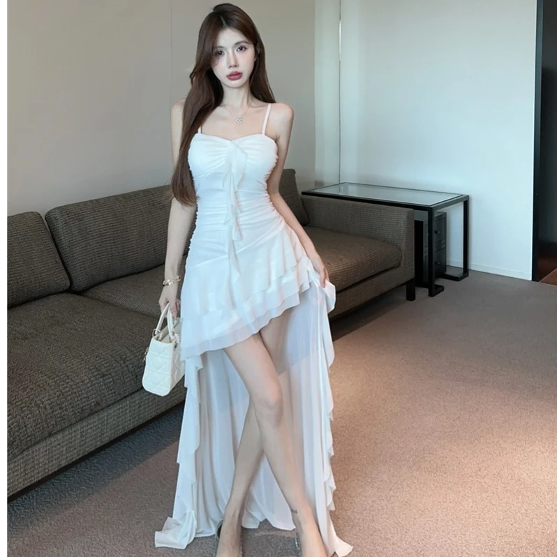 法式荷叶边拼接连衣裙女夏季性感收腰吊带裙纯欲修身显瘦不规则裙