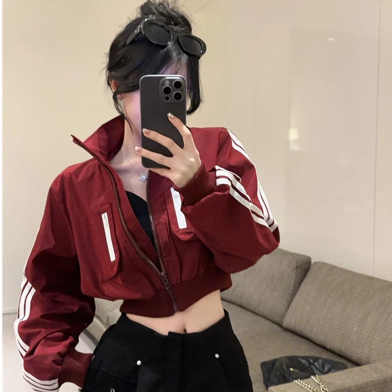 春季新款美式立领外套女设计感拉链开衫复古时尚百搭休闲短款上衣