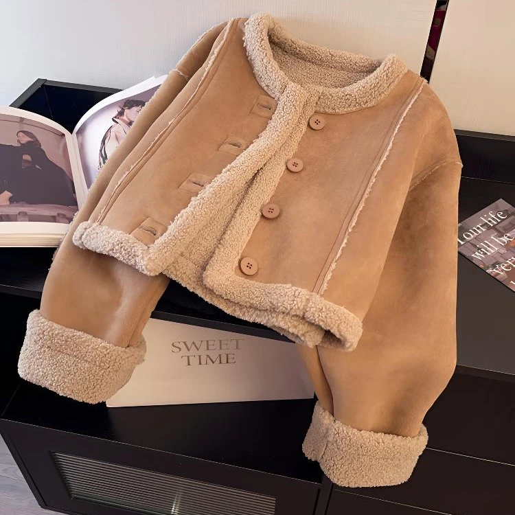 复古短款皮毛一体仿羊羔毛外套女冬季新款时尚加厚百搭机车服上衣