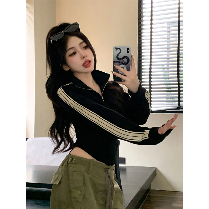 美式辣妹三条杠小个子短款卫衣外套女秋季vintage高级设计感上衣