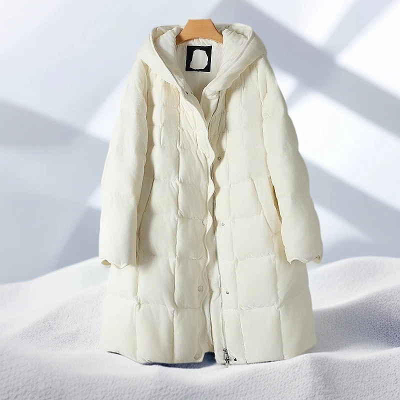 TA图剪标24冬品牌折扣196克白鸭绒连帽绒面加厚长款羽绒服外套女