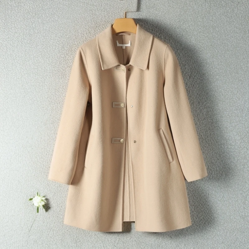 魔】剪标冬品牌折扣100绵羊毛时尚修身洋气双面呢大衣外套女士618