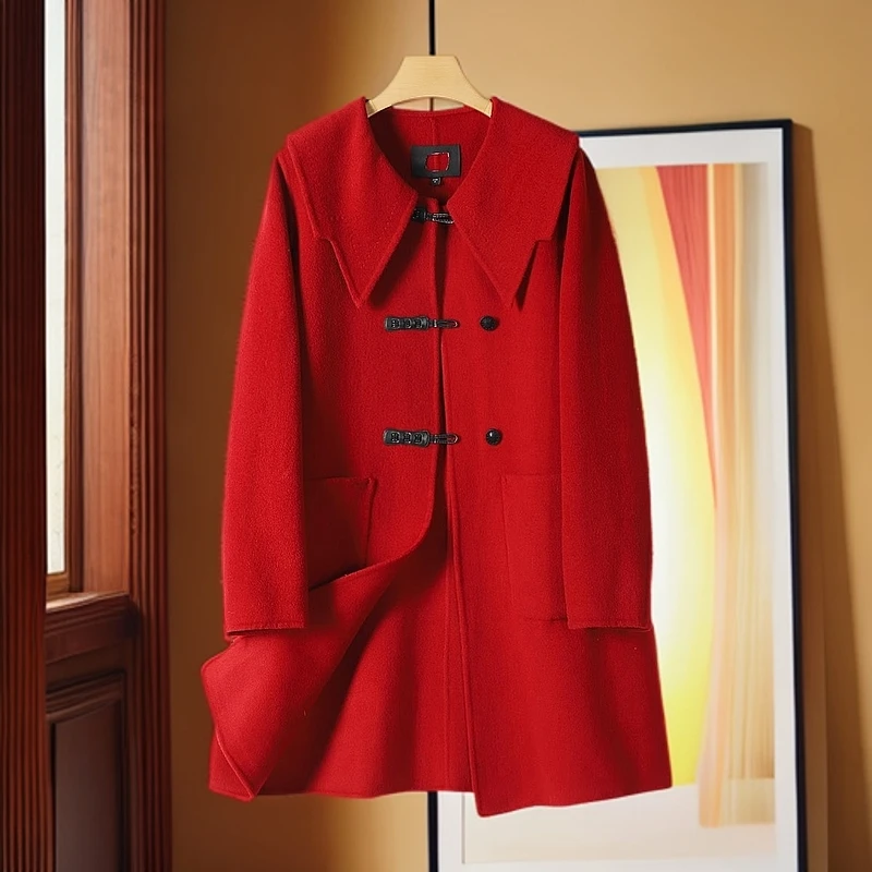 TA图剪标24冬品牌折扣100绵羊毛精致尖领皮扣双面呢大衣外套女09B
