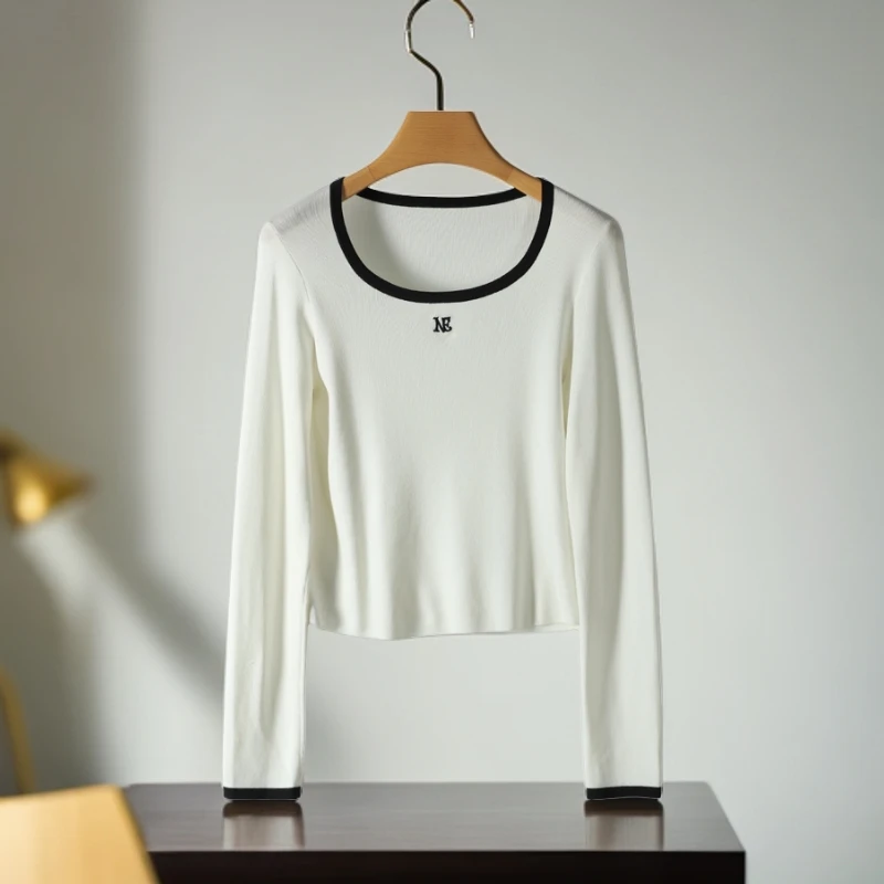 【恩瑞N】24秋品牌折扣百搭方口领撞色直筒轻薄短款针织上衣女218
