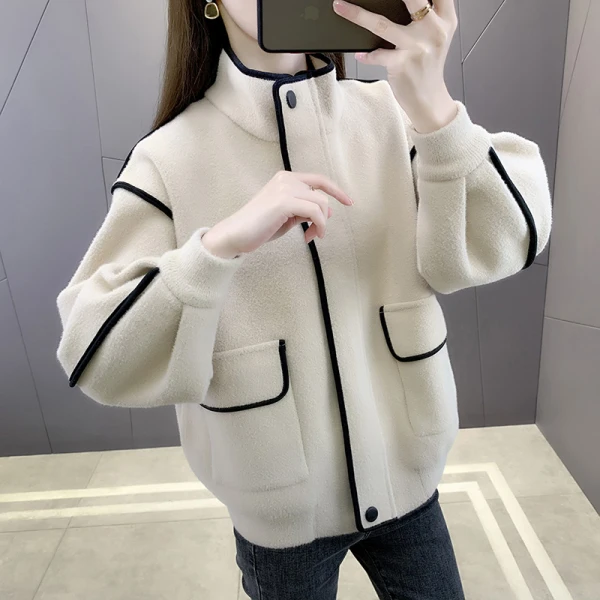 女士短款毛呢外套女春秋2023年新款宽松休闲立领仿水貂绒针织开衫