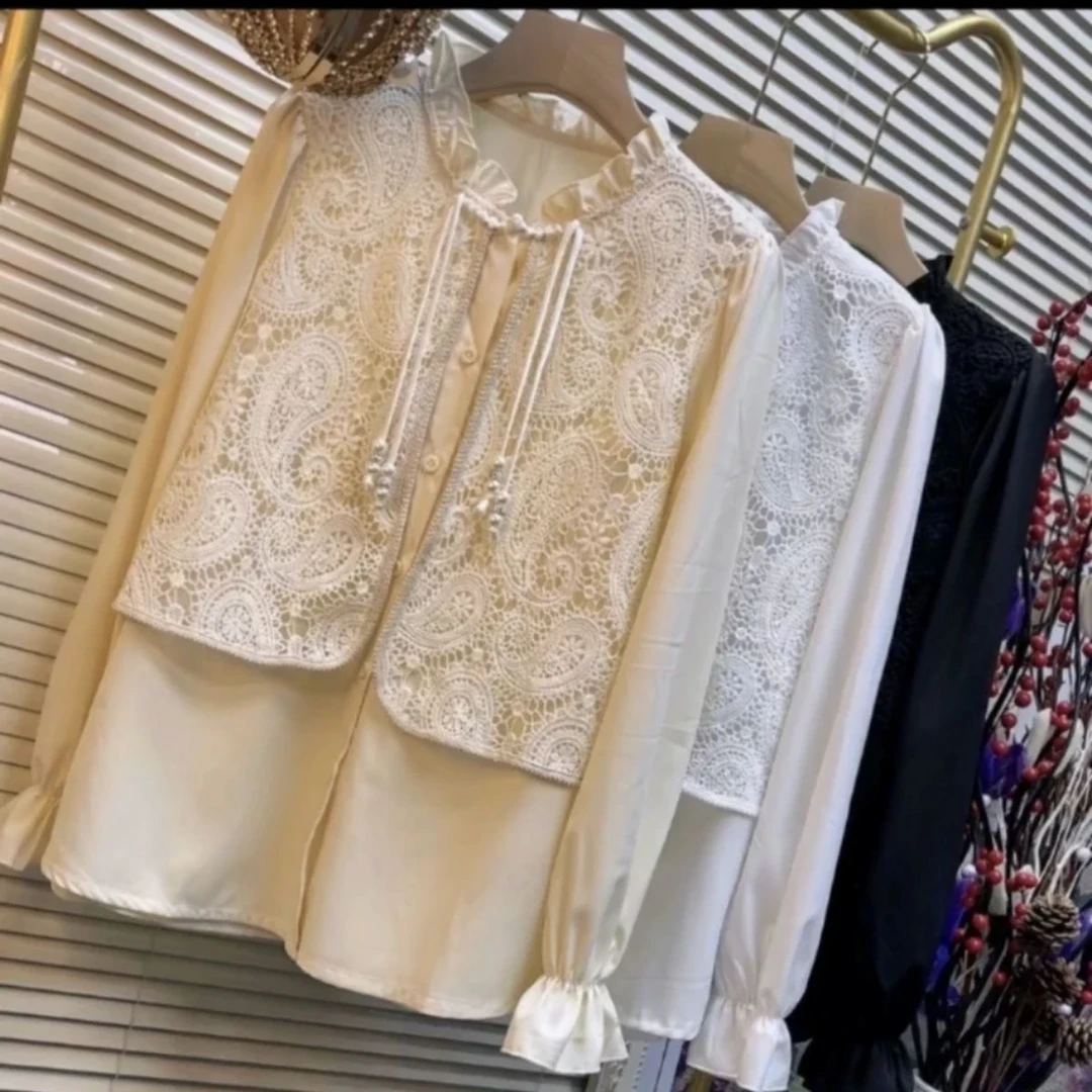 大码 2024女装秋季新款复古流苏盘扣中式衬衫假两件时尚蕾丝上衣