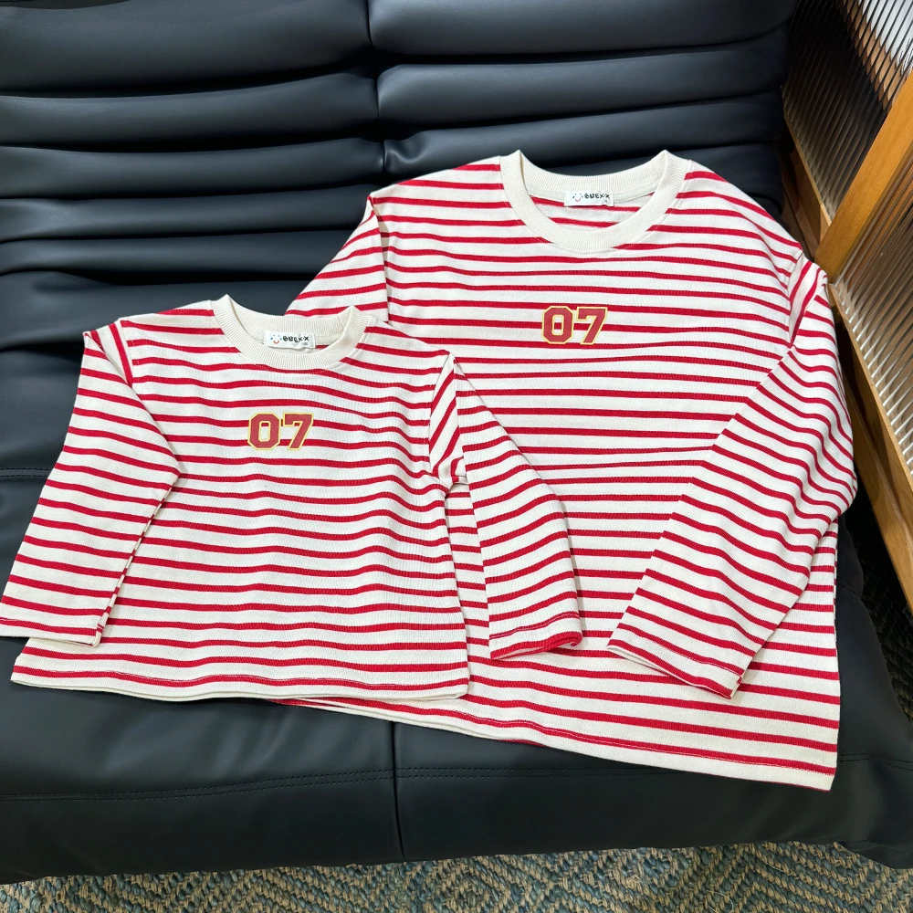 43093【07数字红条纹打底衫】春秋新款儿童时尚长袖T恤棉休闲上衣