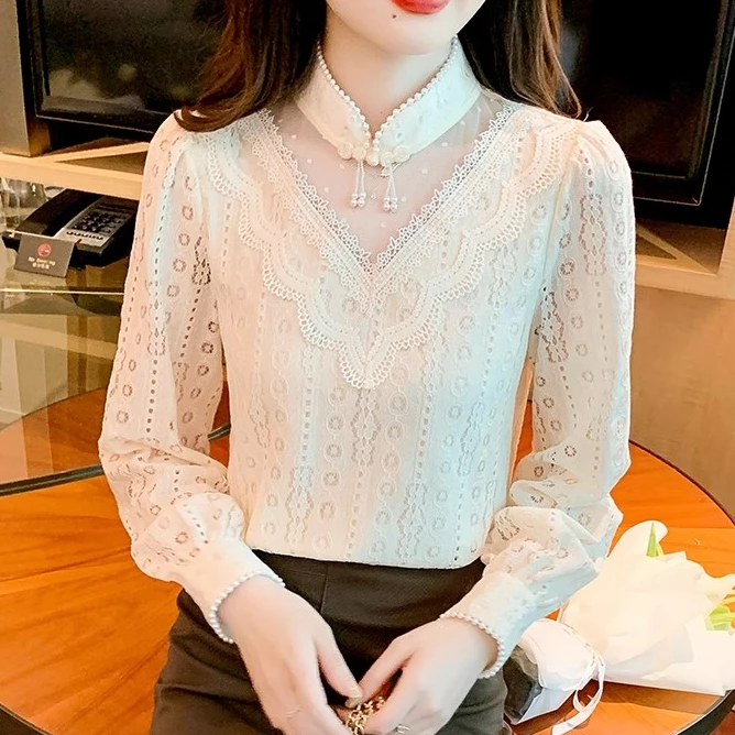 加绒加厚蕾丝打底衫女冬季内搭长袖小衫2025新款国风改良旗袍上衣