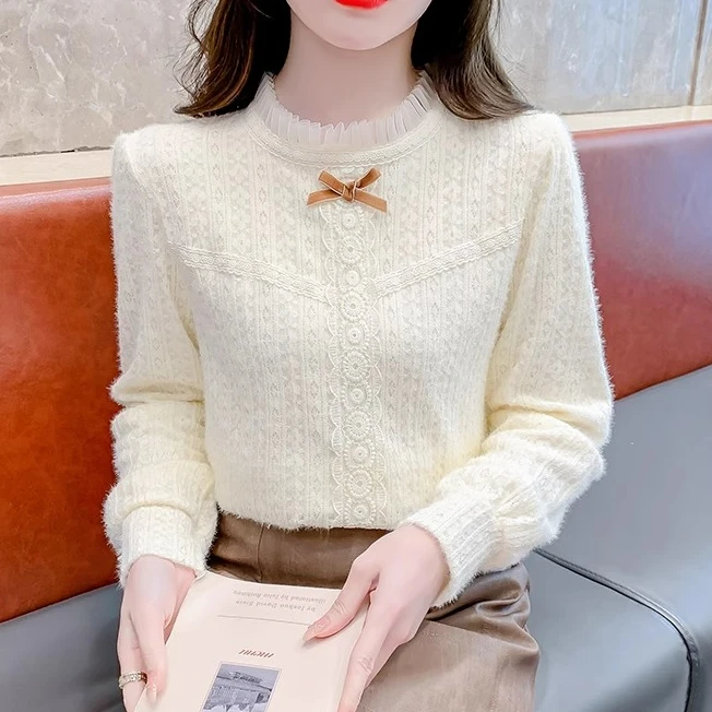 2025春秋季新款法式加绒蕾丝打底衫女洋气装修身显瘦加厚内搭上衣