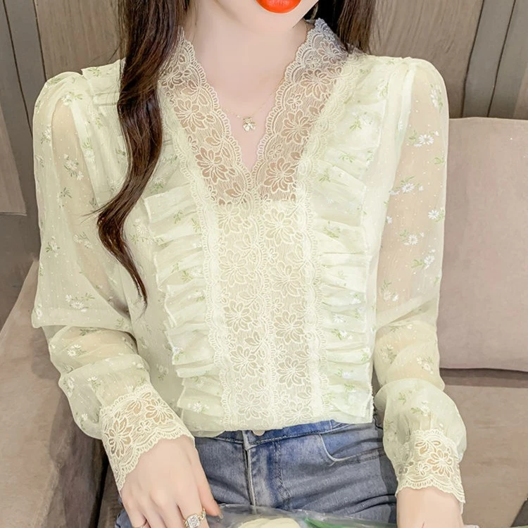 2023春秋新款设计感小众木耳边蕾丝V领泡泡长袖碎花甜美雪纺衫女