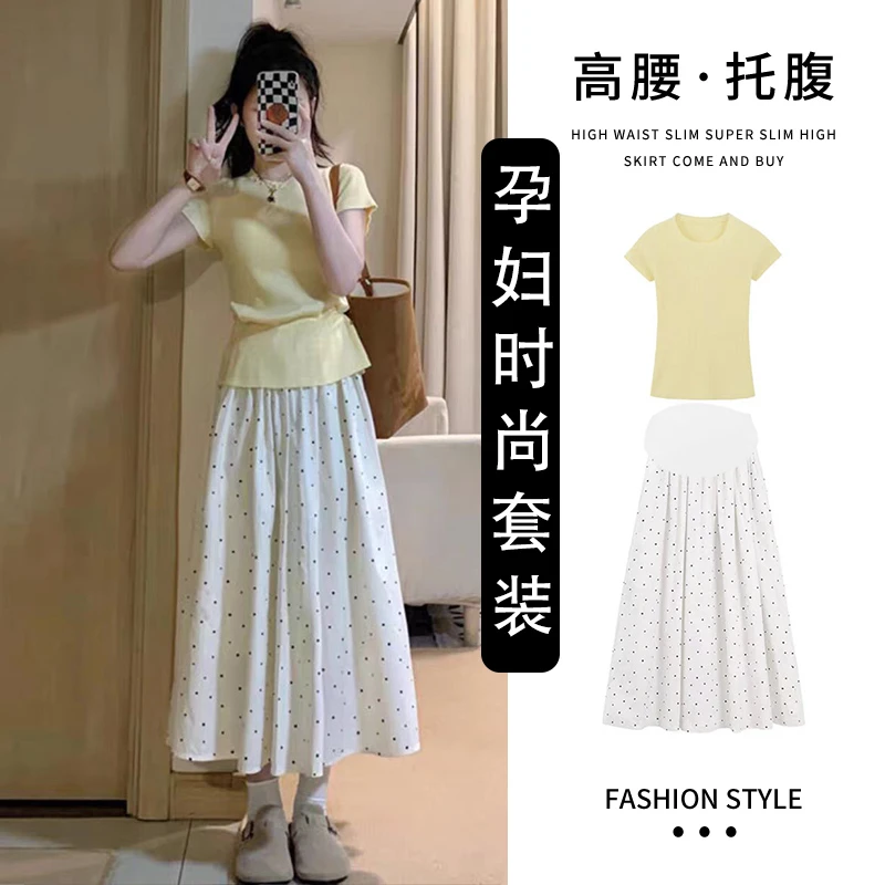 孕妇套装新款时尚网红上衣夏季薄款休闲波点孕妇半身裙两件套夏装
