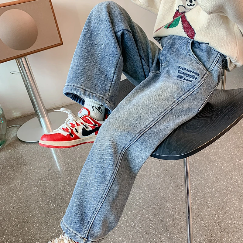 女童牛仔裤子春秋装新款儿童秋冬外穿中大童冬季加绒加厚休闲长裤