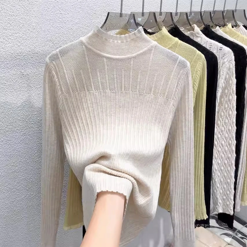 2024秋冬新款纯色蕾丝半高领修身高弹针织打底衫百搭洋气毛衣女