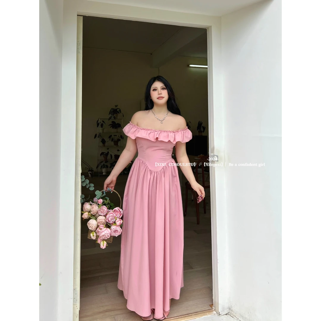 CD.soul【蜜桃奶冻】大码一字肩荷叶袖长款气质法式白色连衣长裙女