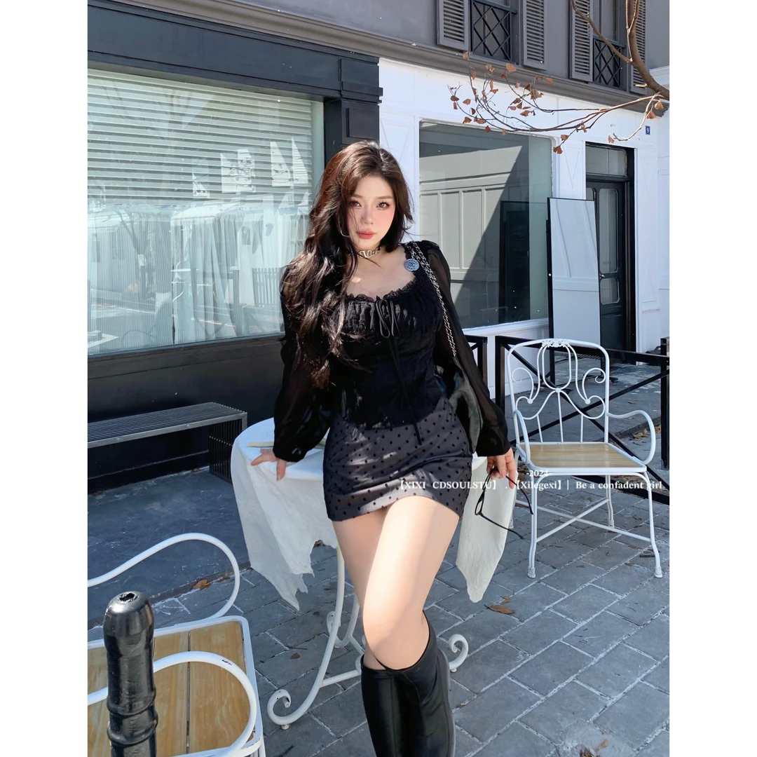 CD.soul【秋日预演】大码纯欲蕾丝方领绑带长袖秋款上衣搭波点半裙