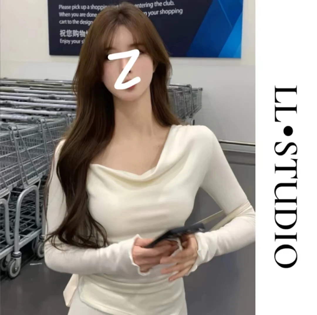 CD.soul【奶油小方】大码反季秋冬长袖露肩修身一字肩套头打底上衣