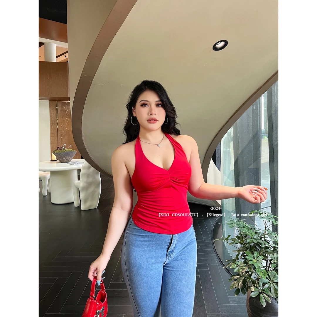 CD.soul【知性港味】大码复古红露背挂脖绑带褶皱夏季小背心女上衣