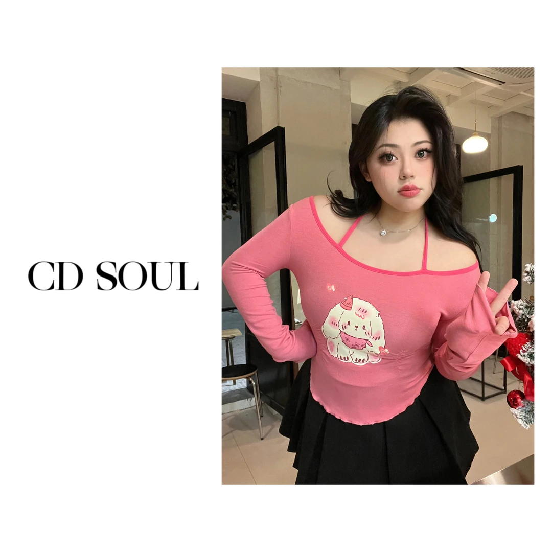 CD.soul【嗲嗲欲兔】大码mm纯欲甜辣印花收腰修身挂脖长袖打底上衣