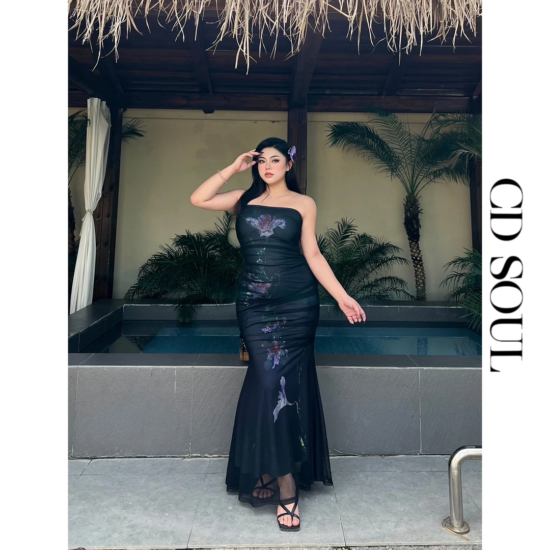 CD.soul【魅力曲线】大码新中式夏季印花修身网纱长款抹胸连衣裙