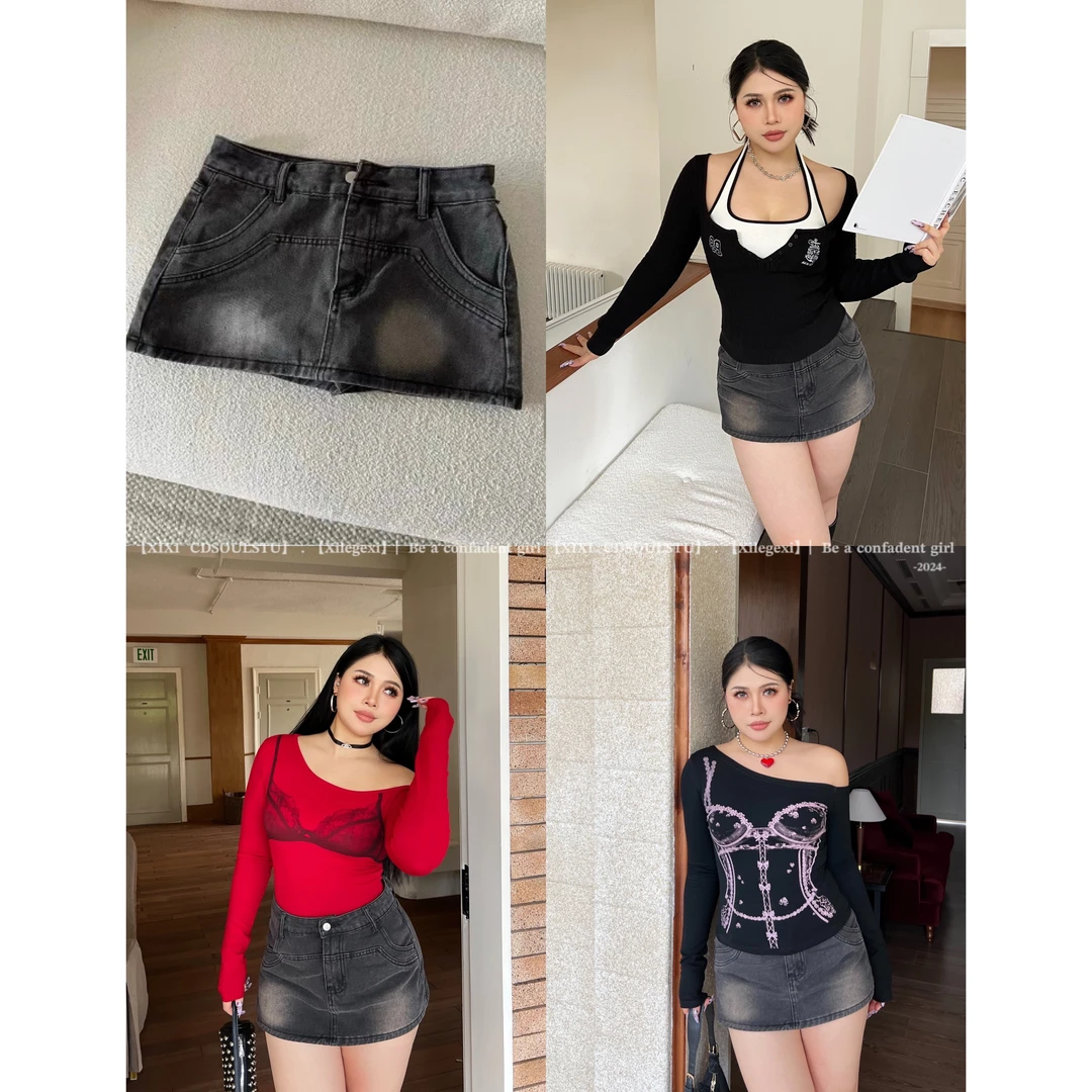 CD.soul【热辣印记】大码美式辣妹高腰牛仔半身裙遮胯包臀短裙裤