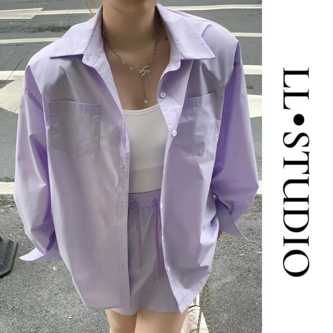 CD.soul【活力满格】微胖大码韩版百搭时尚休闲紫色垫肩衬衫+裙子