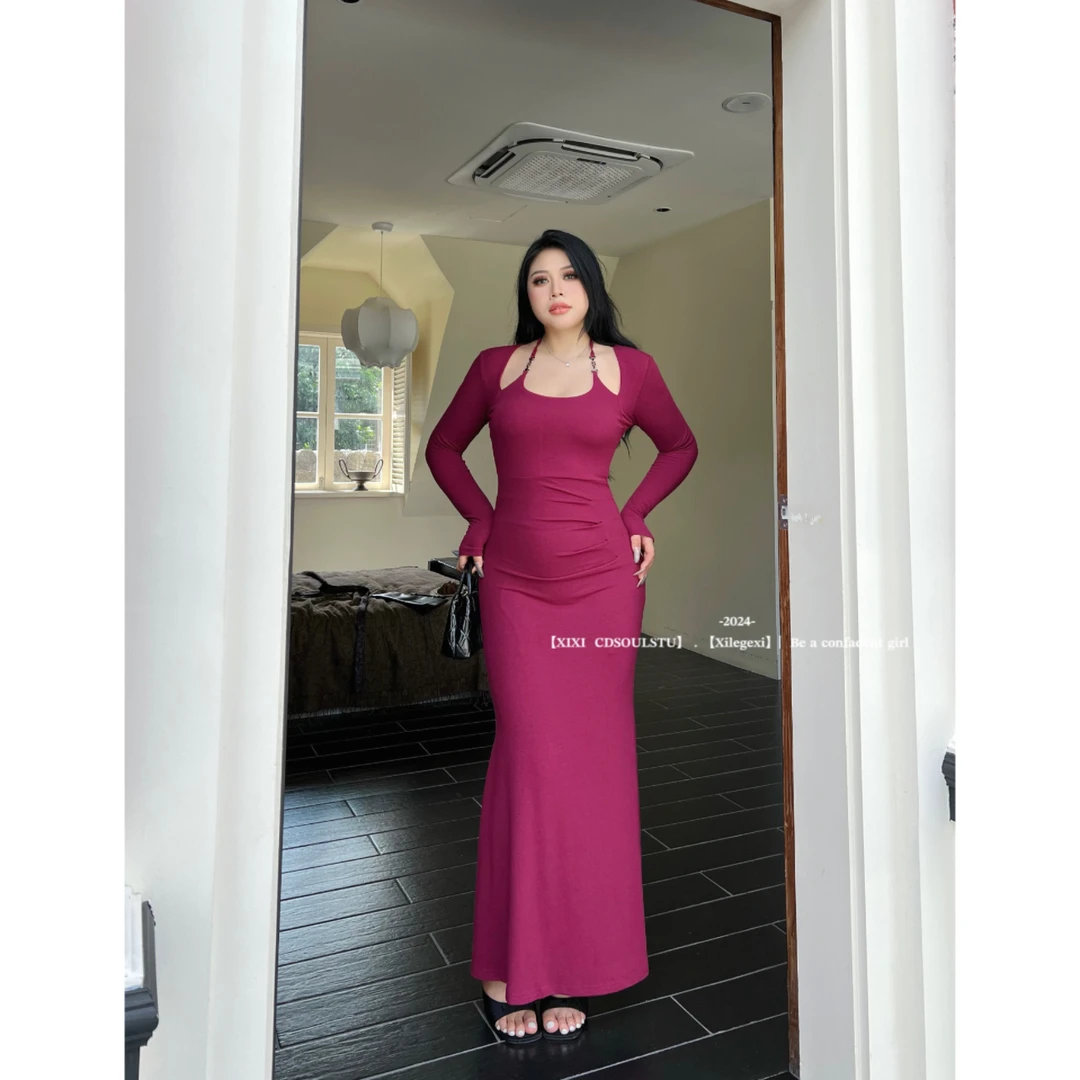 CD.soul【优雅姐姐】大码法式挂脖长袖女秋性感辣妹包臀鱼尾连衣裙