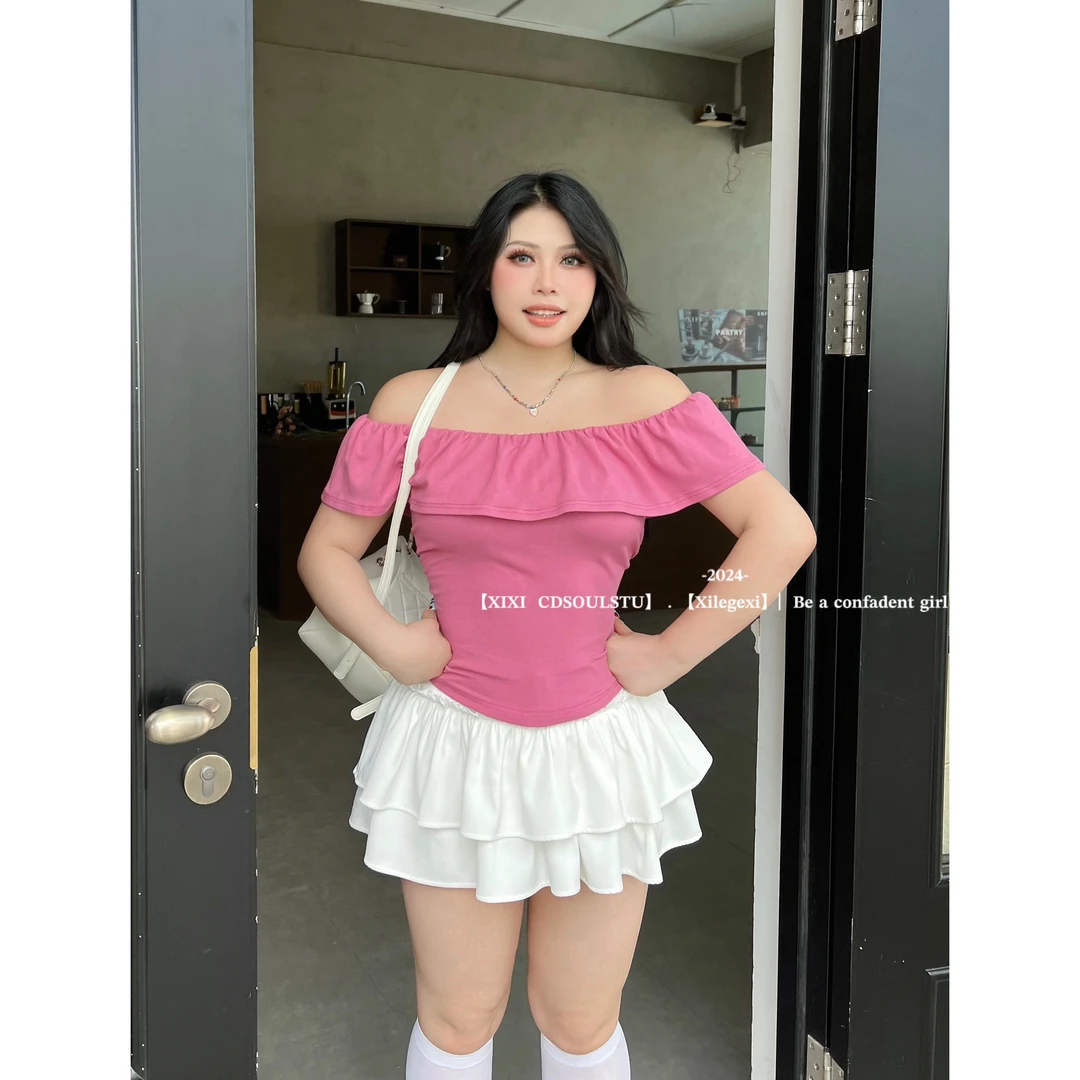 CD.soul【心动讯号】大码夏季辣妹荷叶边短款收腰显瘦一字肩上衣