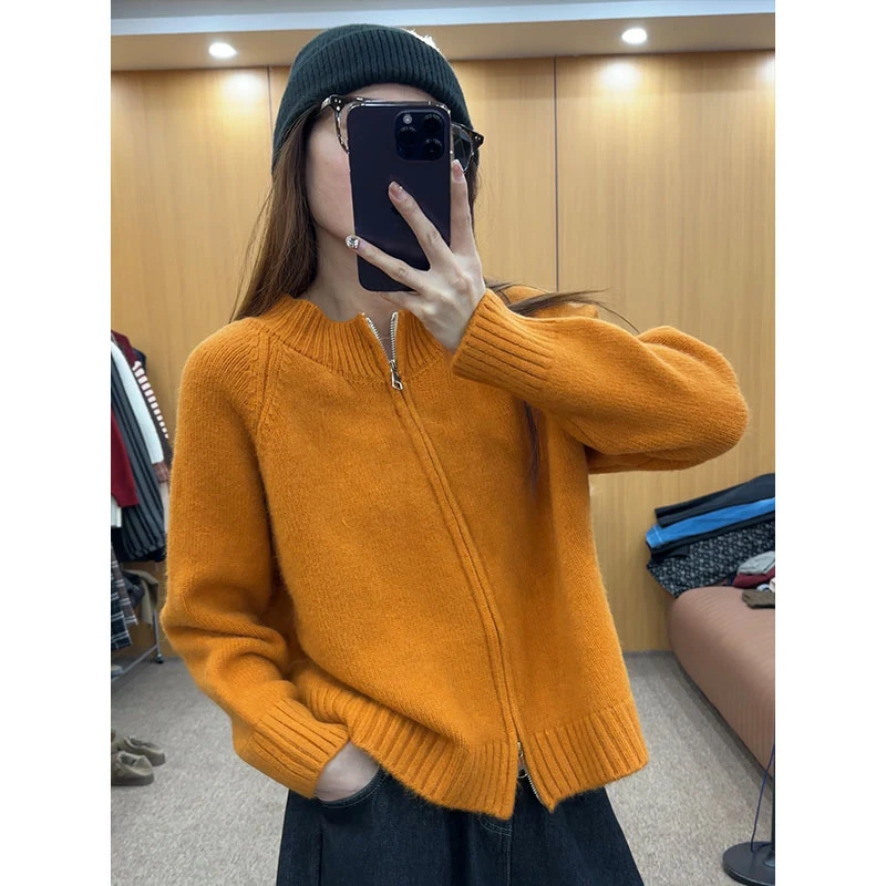 大码微胖妹妹mm时尚宽松拉链针织开衫女磨毛加厚长袖上衣毛衣外套