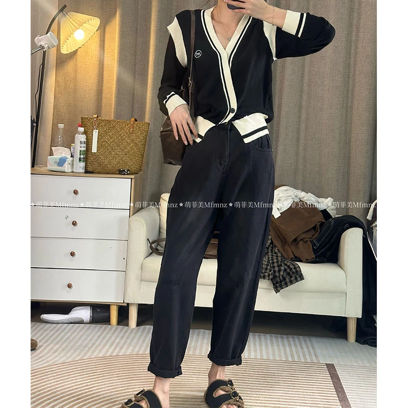 秋新款大码梨型身材休闲老爹牛仔裤女宽松显瘦胖mm高腰直筒哈伦裤