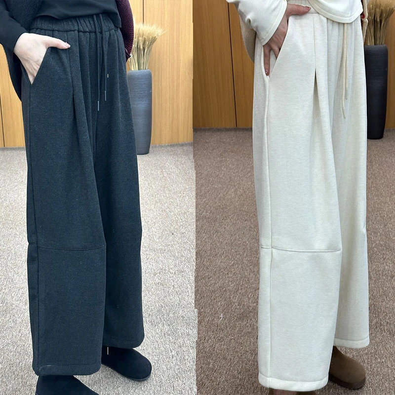 加绒毛呢奶奶裤子女秋冬高腰直筒弯刀裤小个子加阔腿卜九分三本裤