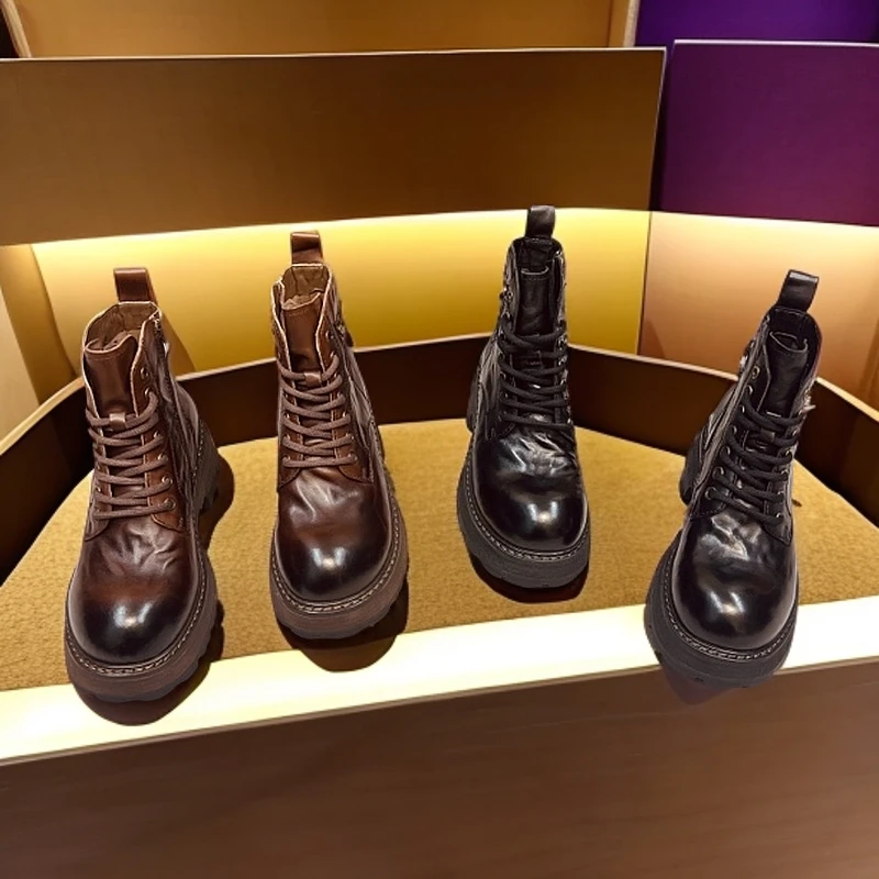 单靴--设计款做旧复古手抓牛皮百搭马丁靴