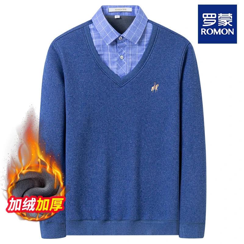 罗蒙爸爸衬衫加绒保暖假两件针织衫男长袖打底衫套装中老年人加厚
