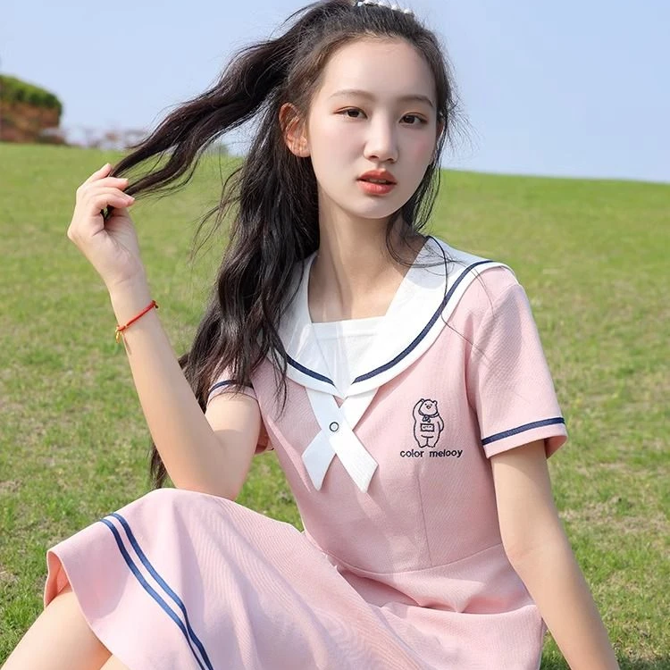 夏装学院风连衣裙15岁少女学生大童海军领日系班服高初中女生裙子