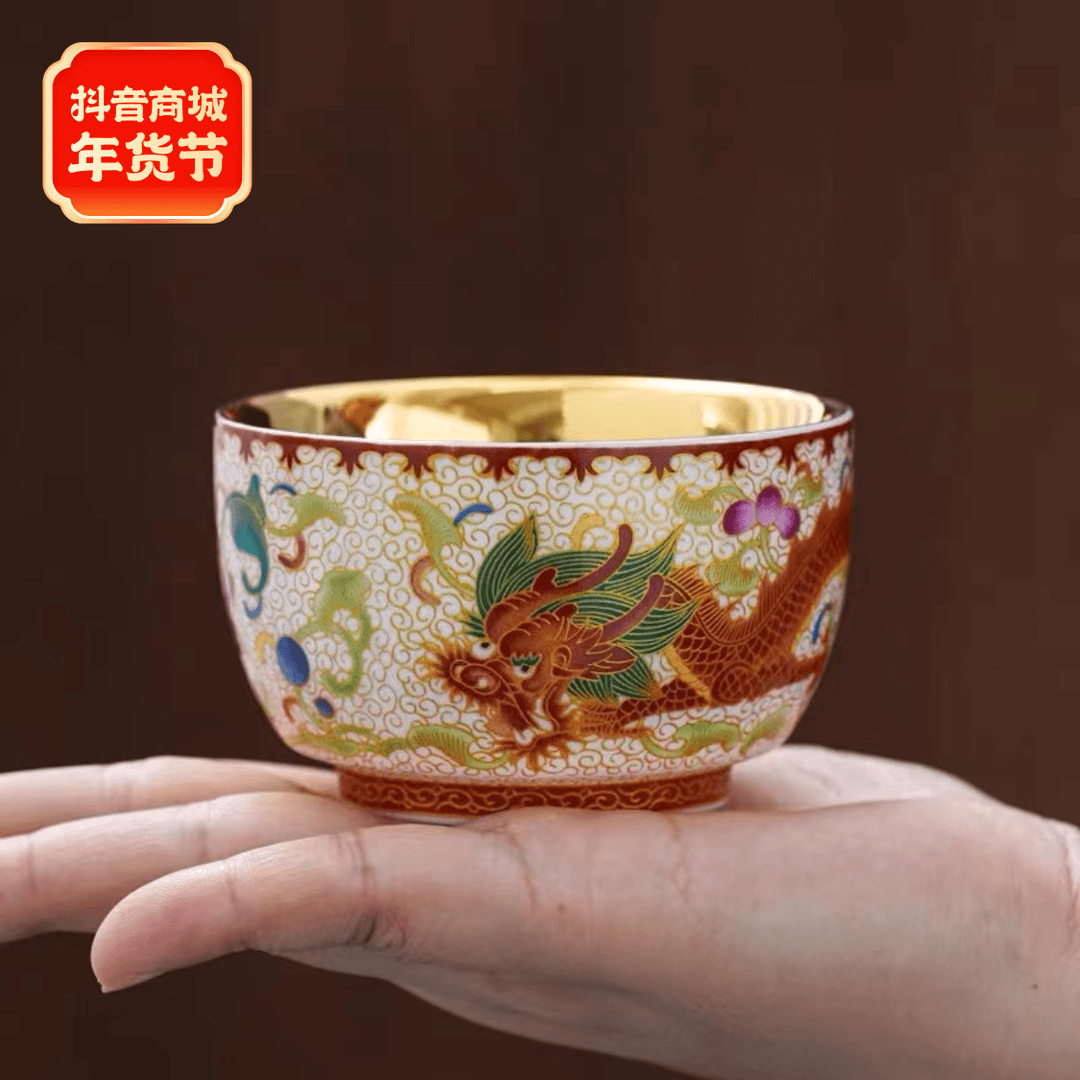 【正品】龙凤珐琅彩24K鎏金杯主人杯情侣对杯手工掐丝茶杯礼盒装