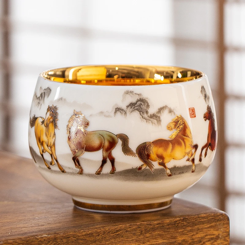 新品八骏图高档鎏金杯白瓷主人杯大号茶杯陶瓷品茗杯功夫茶具家用
