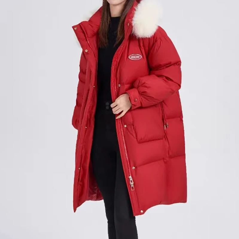 TFK新款女士时尚连帽中长毛领鹅绒服HD36928