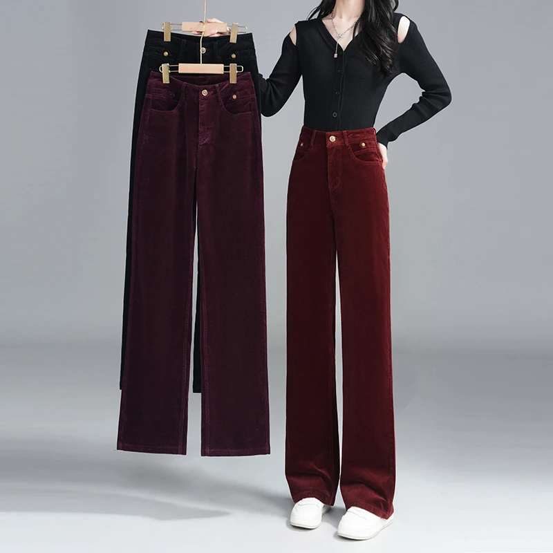 安哥拉红灯芯绒窄版阔腿裤女秋冬2024新款高腰显瘦垂感休闲直筒裤