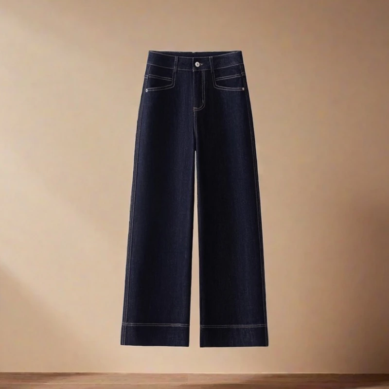 加绒加厚深蓝色牛仔裤女裤秋冬新款小个子直筒裤时尚阔腿休闲裤子