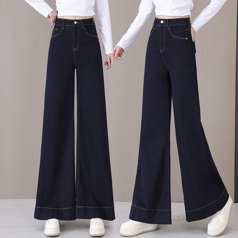 丹宁蓝阔腿牛仔裤女2025春秋新款高腰宽松垂感休闲直筒大摆喇叭裤