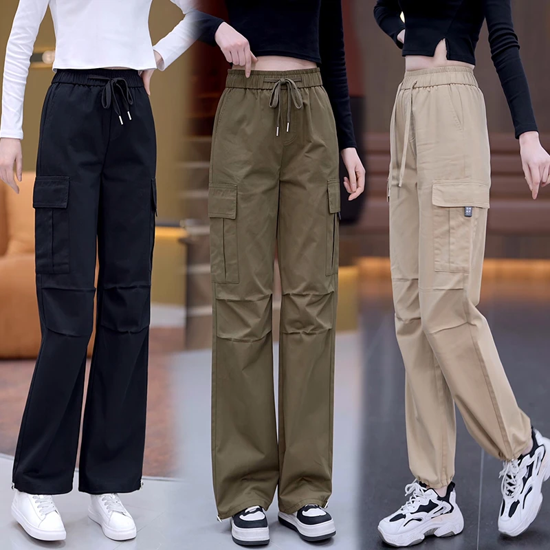 美式抽绳工装裤女春秋2025新款爆款高腰纯棉直筒束脚休闲阔腿裤子