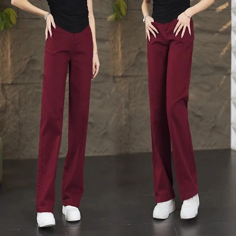 安哥拉红牛仔直筒裤女2025年春秋季新款高腰显瘦加绒窄版阔腿裤子