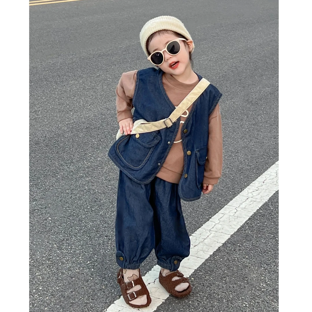 壹妈韩版童装女童秋季套装洋气杏色卫衣牛仔背心外套裤子三件套