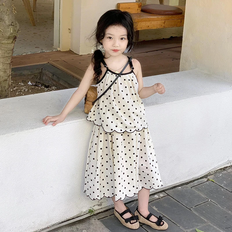 壹妈韩版童装女童洋气套装夏季宝宝米色波点吊带上衣半身裙两件套