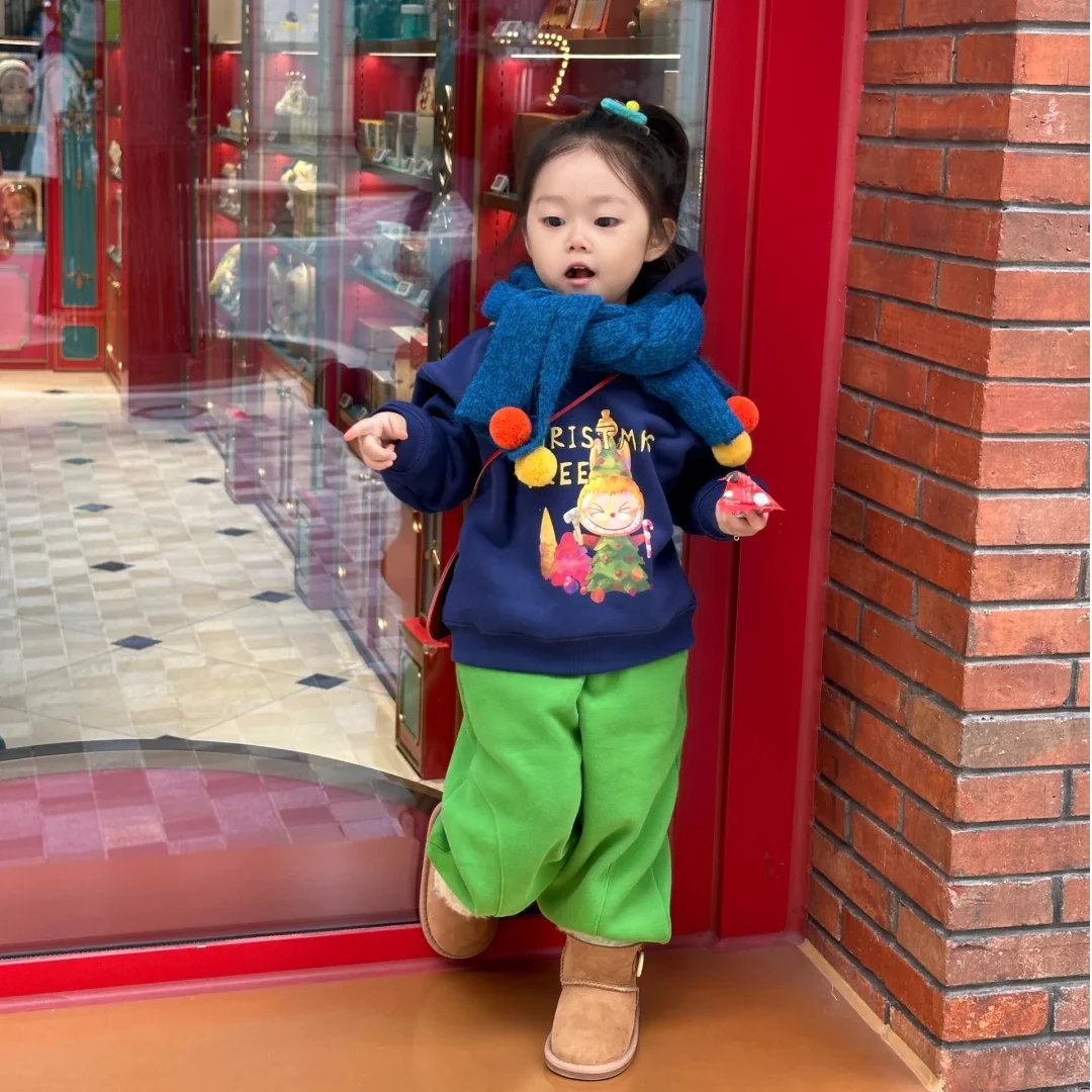现货壹妈萌娃穿搭女童套装春秋儿童洋气休闲卡通加绒卫衣绿色卫裤