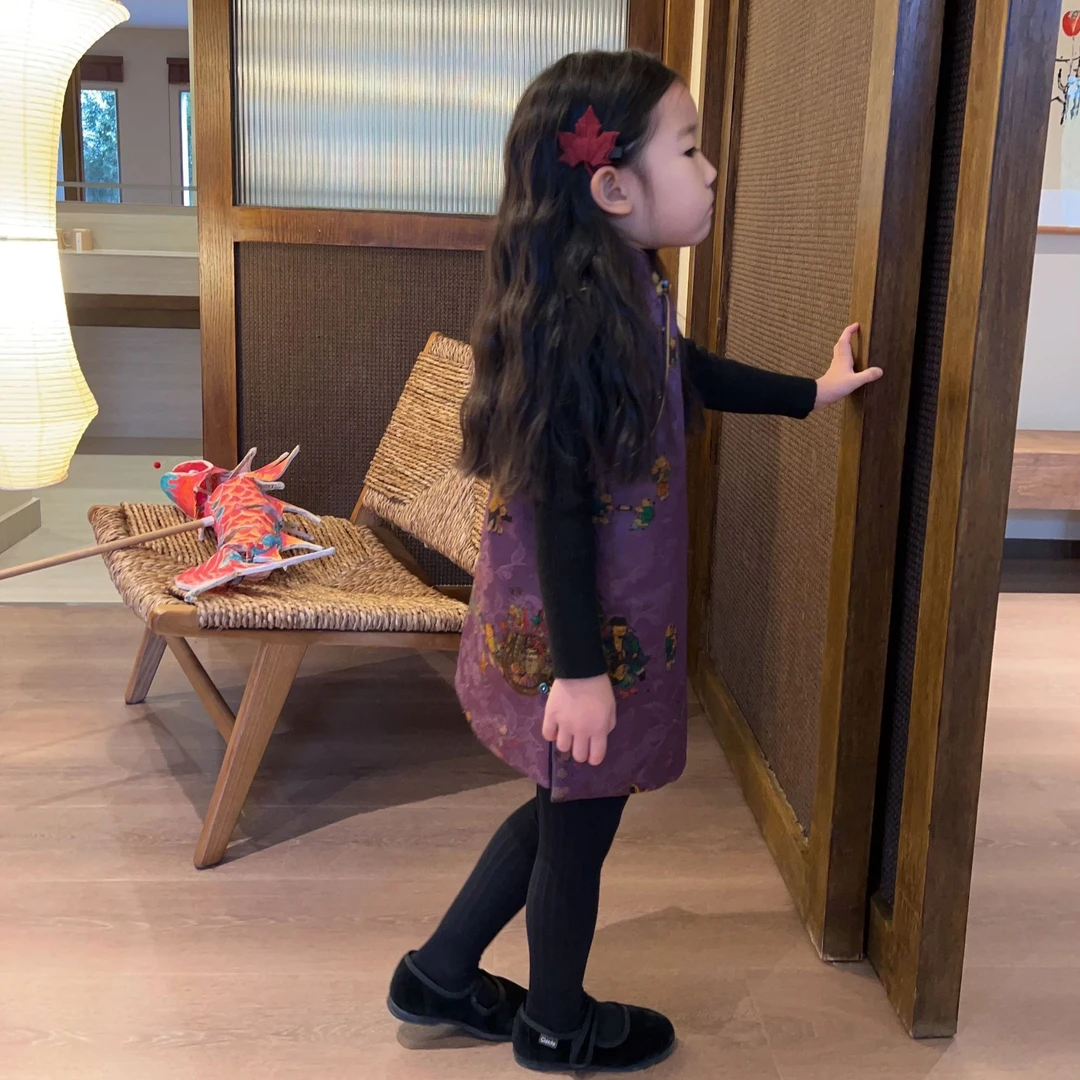 壹妈童装女童新中式套装秋冬新款儿童紫色背心裙夹棉拜年服旗袍裙
