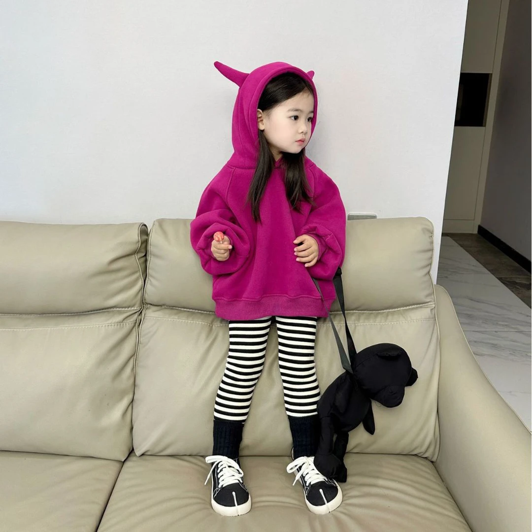 现货壹妈韩版女童洋气秋装套装玫红色连帽卫衣条纹打底裤两件套